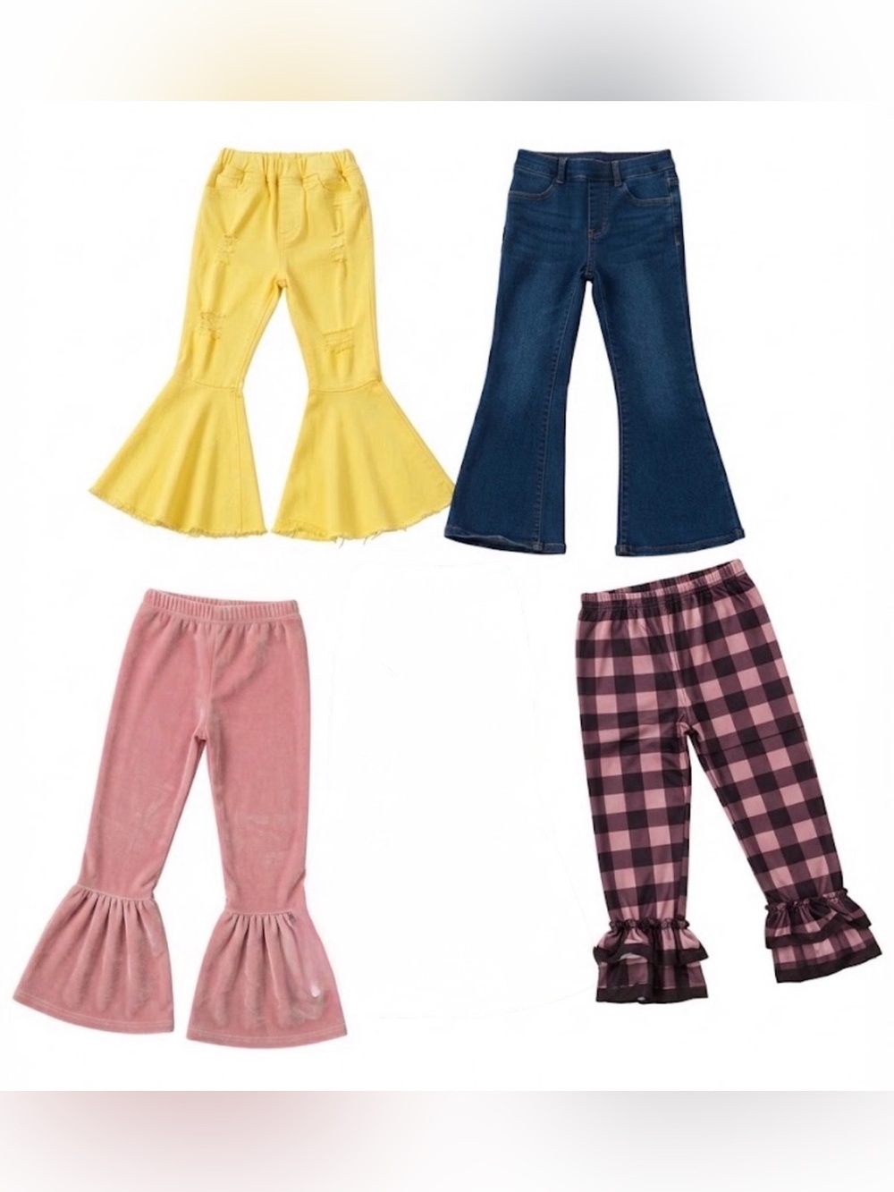 Kids Flared Bell-Bottom Pants - Yellow, Bluejean Pink, Black Plaid